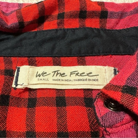 Free People Pink Red Combo Plaid Ruched Sleeve Pacific Dawn Blouse - Picture 11 of 14